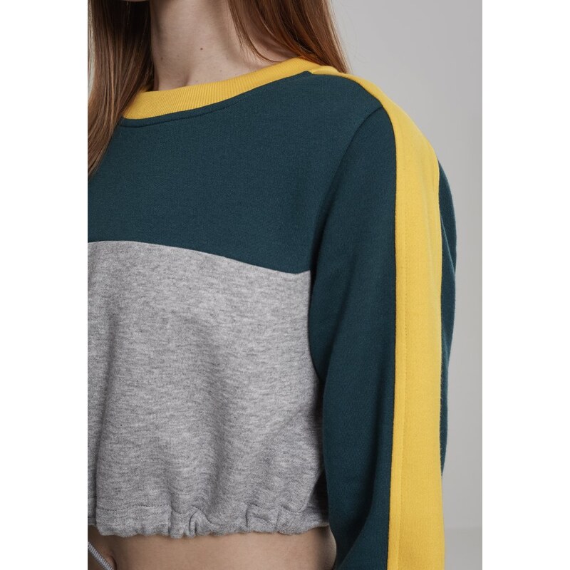 URBAN CLASSICS Ladies Cropped 3-Tone Stripe Crew - grey/jasper/chromeyellow