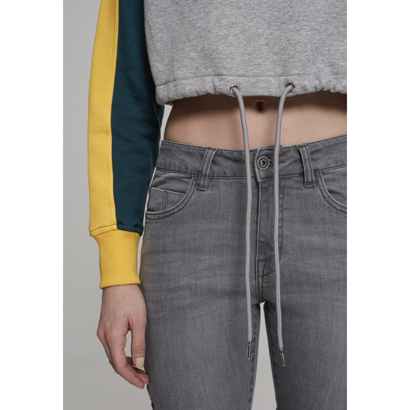 URBAN CLASSICS Ladies Cropped 3-Tone Stripe Crew - grey/jasper/chromeyellow