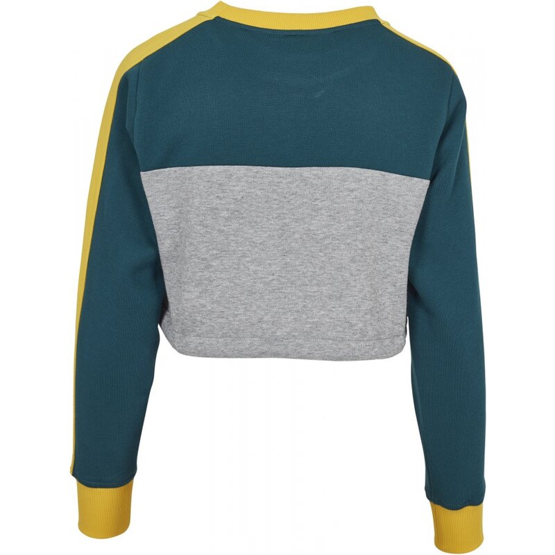 URBAN CLASSICS Ladies Cropped 3-Tone Stripe Crew - grey/jasper/chromeyellow