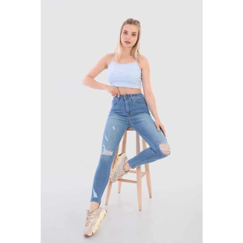 BİKELİFE Blue Laser Patterned High Waist Lycra Denim Pants