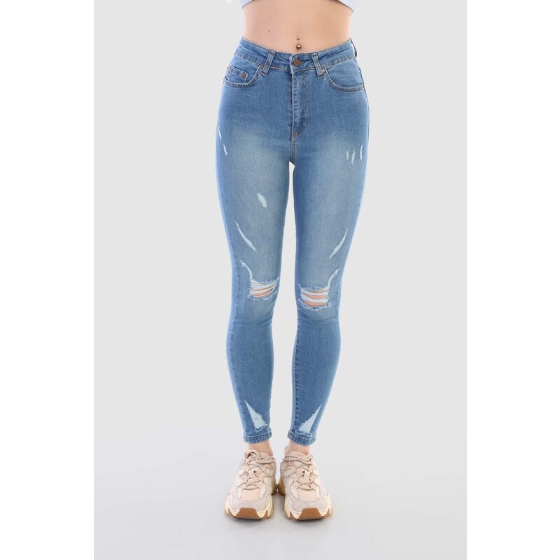 BİKELİFE Blue Laser Patterned High Waist Lycra Denim Pants