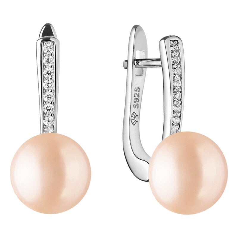 Gaura Pearls Stříbrné náušnice s růžovou perlou a zirkony Laura, 105899147