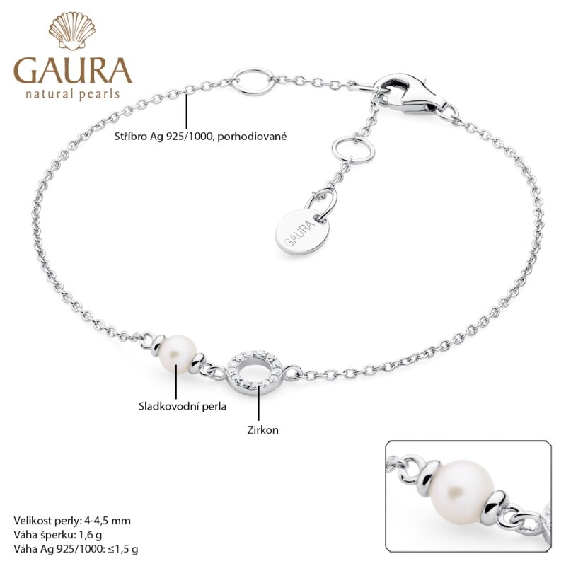 Gaura Pearls Stříbrný náramek s perlou a zirkonem Ernesta - stříbro 925/1000