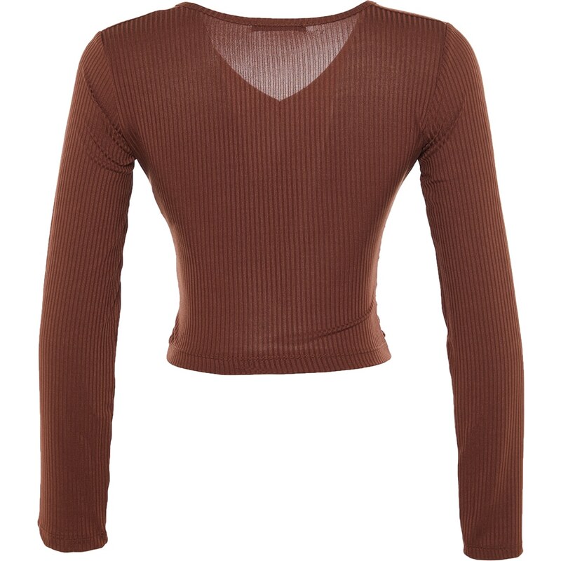 Trendyol Brown Collar Detailed Corduroy Knitted Blouse