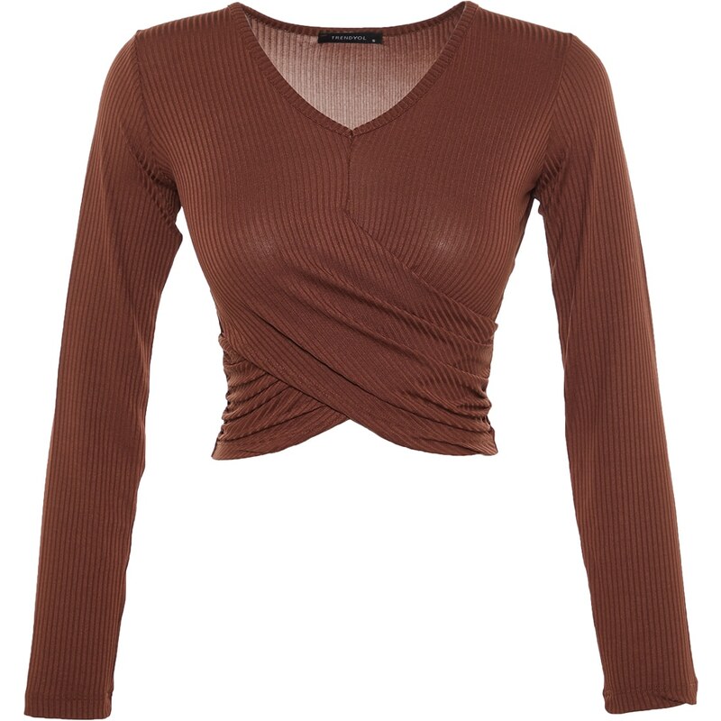 Trendyol Brown Collar Detailed Corduroy Knitted Blouse