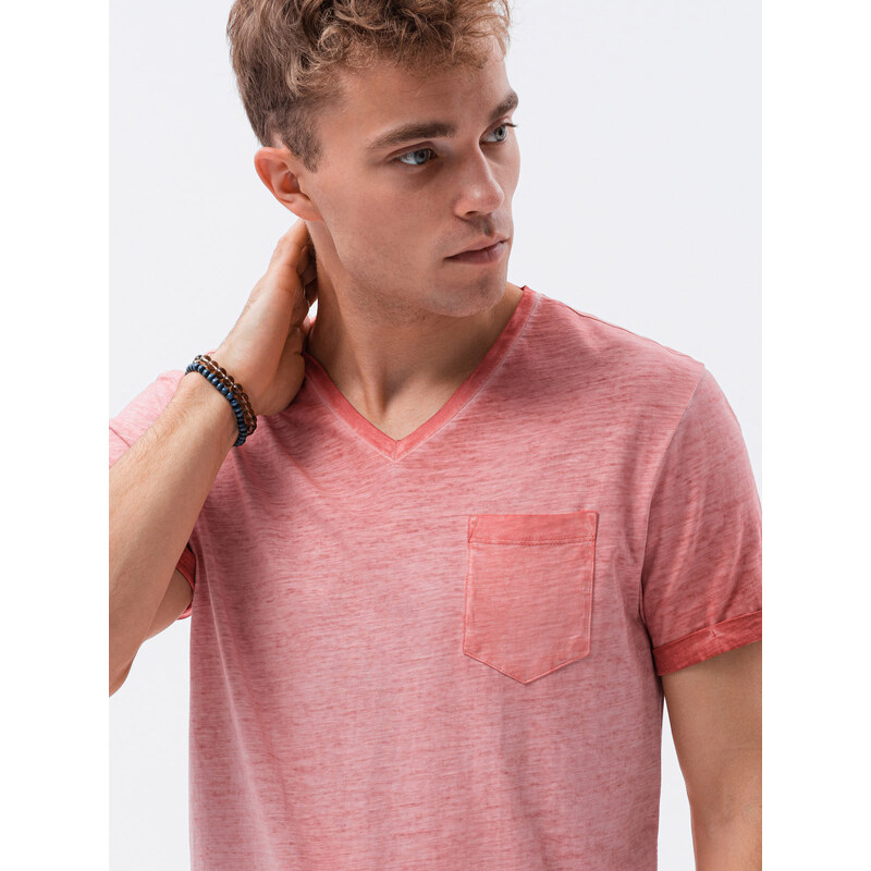 Ombre Clothing Pánské tričko bez potisku - žíhaná korálová S1388
