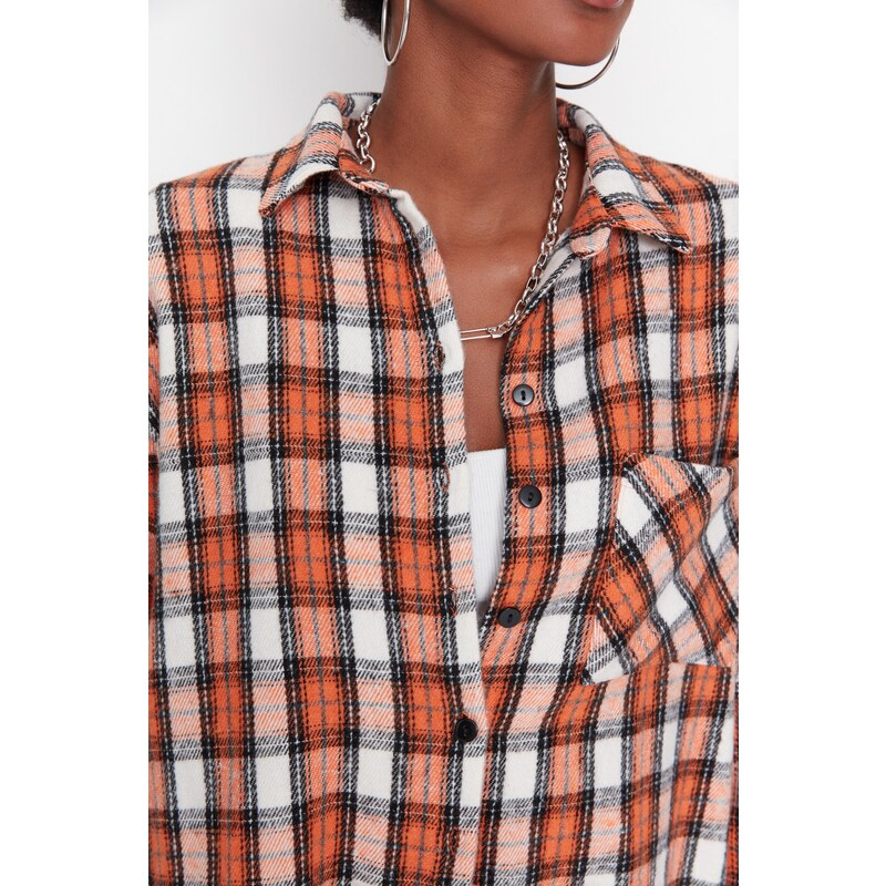 Trendyol Orange Wide-Cut Checkered Woven Shirt