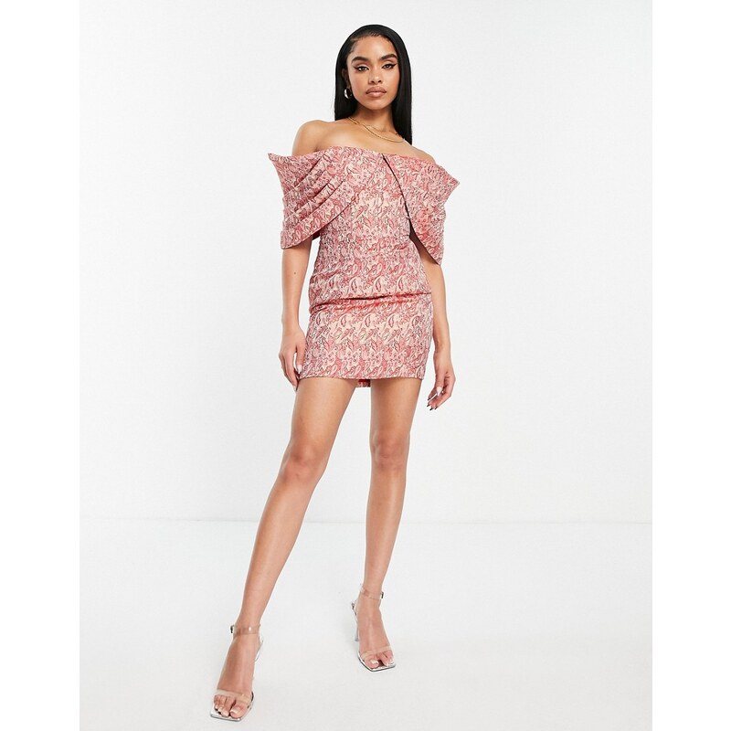 ASOS LUXE pleated bardot jacquard mini dress in paisley print-Multi 72106358