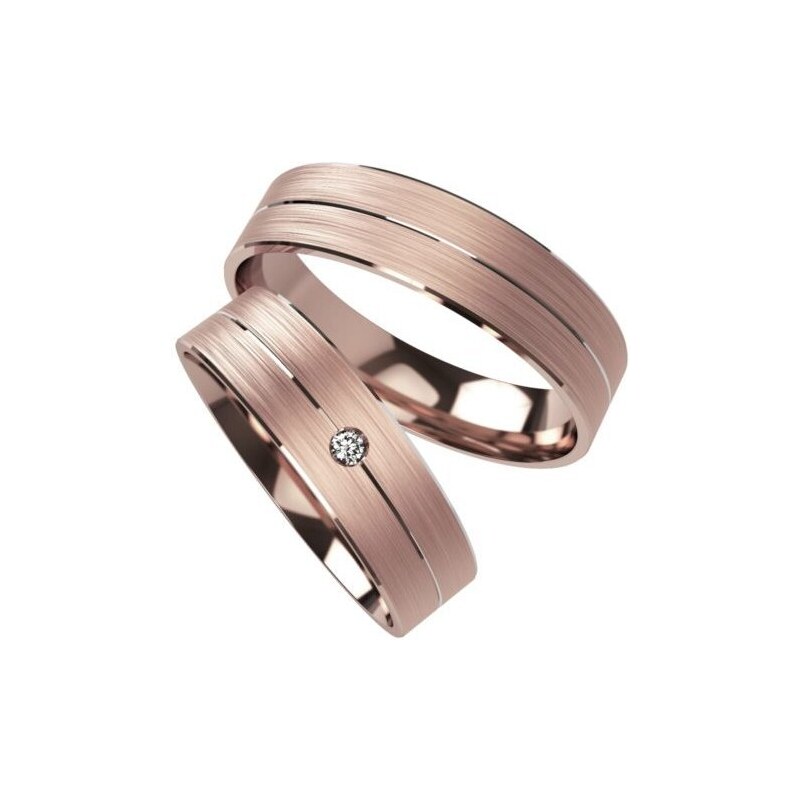 Ploché snubní prsteny s matným povrchem a drážkou Primossa, růžové zlato - vzor č. 1113