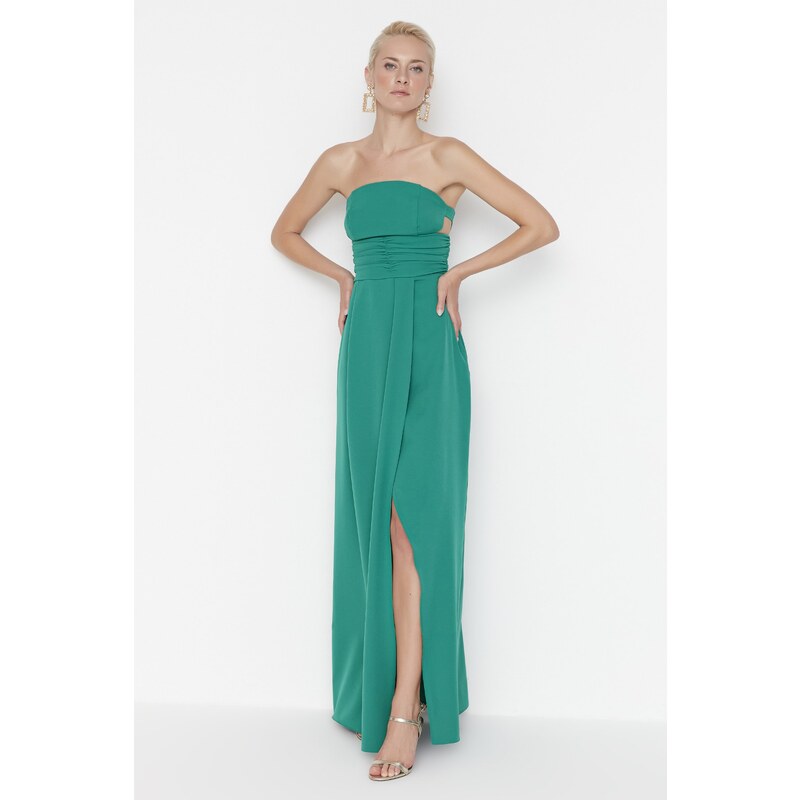 Trendyol Smaragdově zelené řasení Detailní večerní šaty