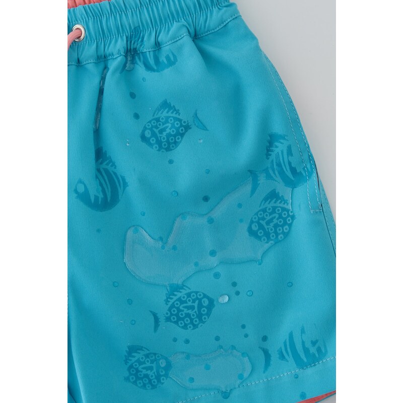 Dagi Turquoise - Salmon Micro Short Fish Patterned Magic Beach Shorts