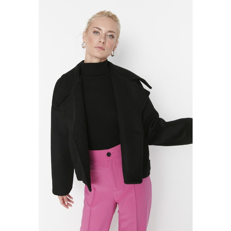 Trendyol Black Oversize vlněný kabát Cachet se širokým střihem