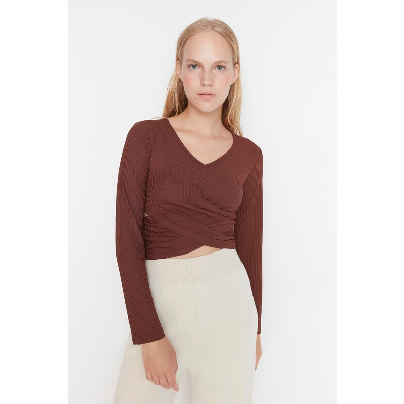 Trendyol Brown Collar Detailed Corduroy Knitted Blouse