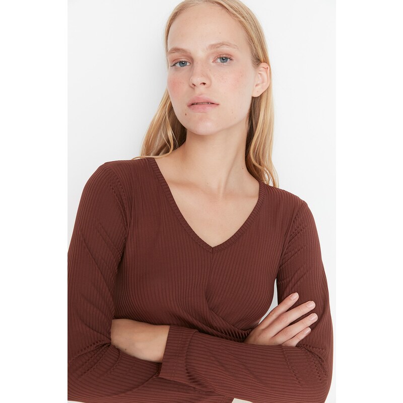 Trendyol Brown Collar Detailed Corduroy Knitted Blouse