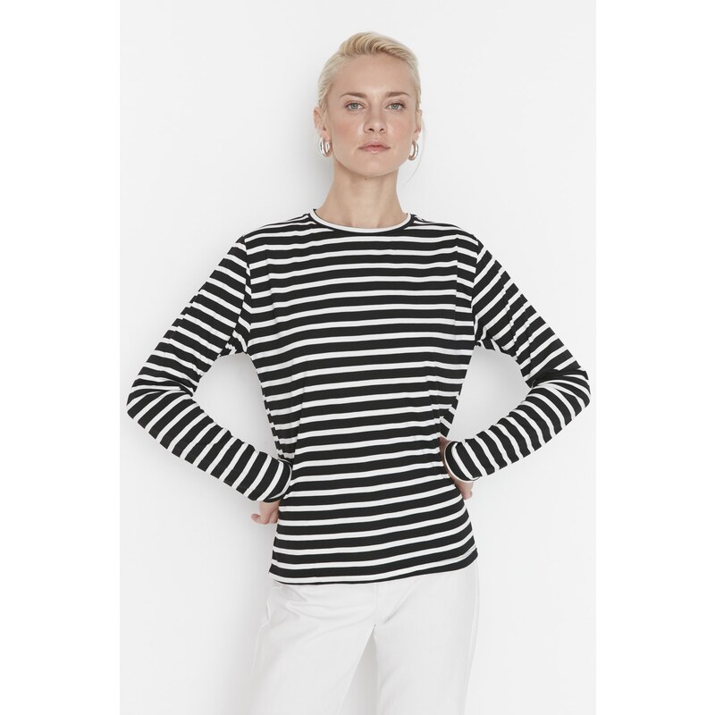 Trendyol Black Striped Regular/Normal fit Basic Crew Neck Knitted T-Shirt