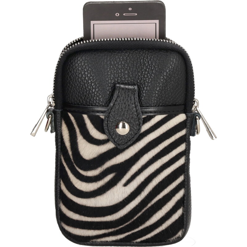 Charm London Malá kožená kabelka pouzdro na telefon s popruhem černá zebra L617