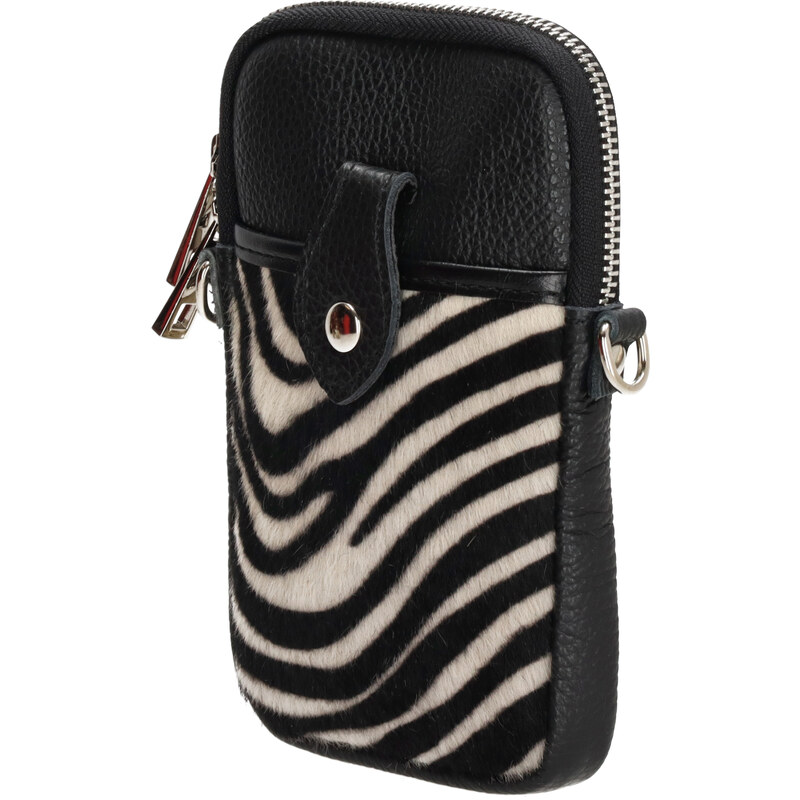 Charm London Malá kožená kabelka pouzdro na telefon s popruhem černá zebra L617