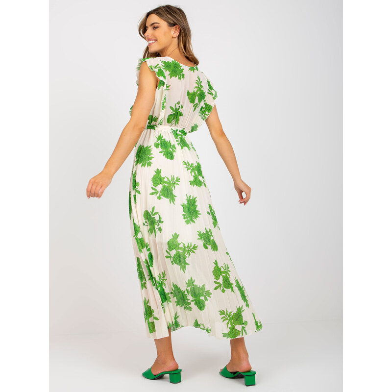 Fashionhunters Dlouhé, béžové a zelené šaty s potisky a páskem