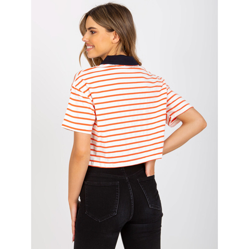 Fashionhunters Bílé a oranžové krátké polo triko s límečkem