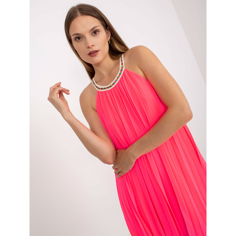 Fashionhunters Fluo růžové plisované šaty jedné velikosti s ramínky