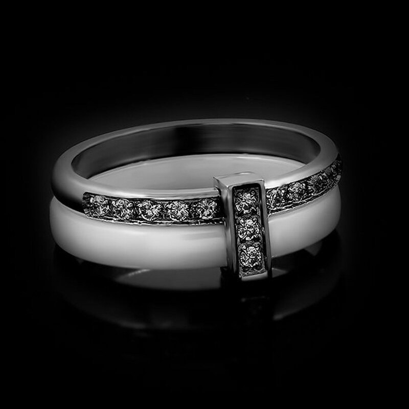 Dámský ocelový prsten se šperkařskou keramikou a zirkony v provedení White | DG Šperky