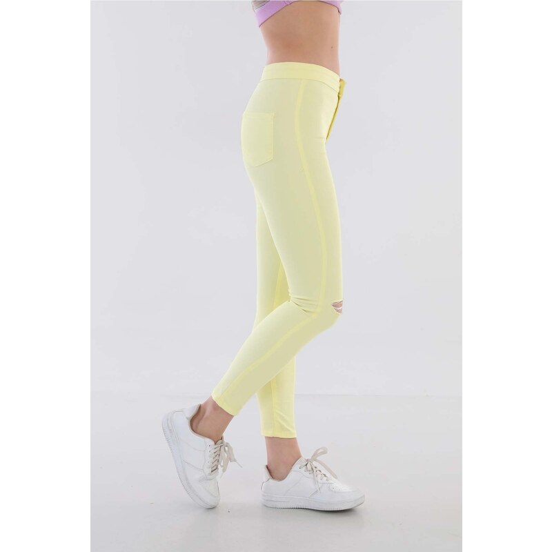 BİKELİFE Women's Yellow High Waist Lycra Ripped Detailed Leggings Trousers.