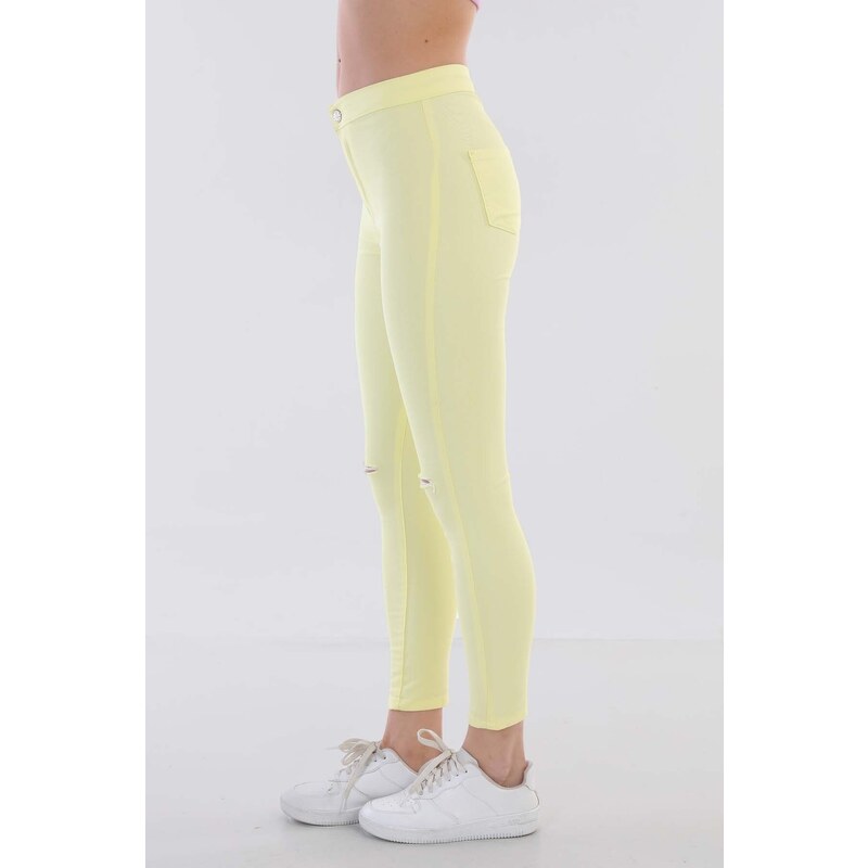 BİKELİFE Women's Yellow High Waist Lycra Ripped Detailed Leggings Trousers.