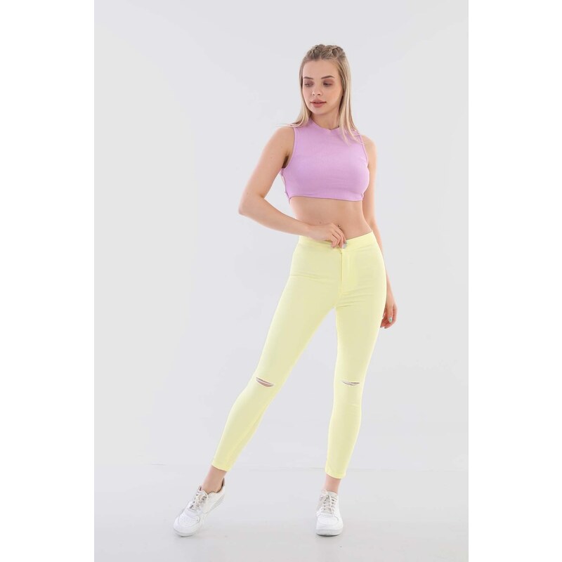 BİKELİFE Women's Yellow High Waist Lycra Ripped Detailed Leggings Trousers.