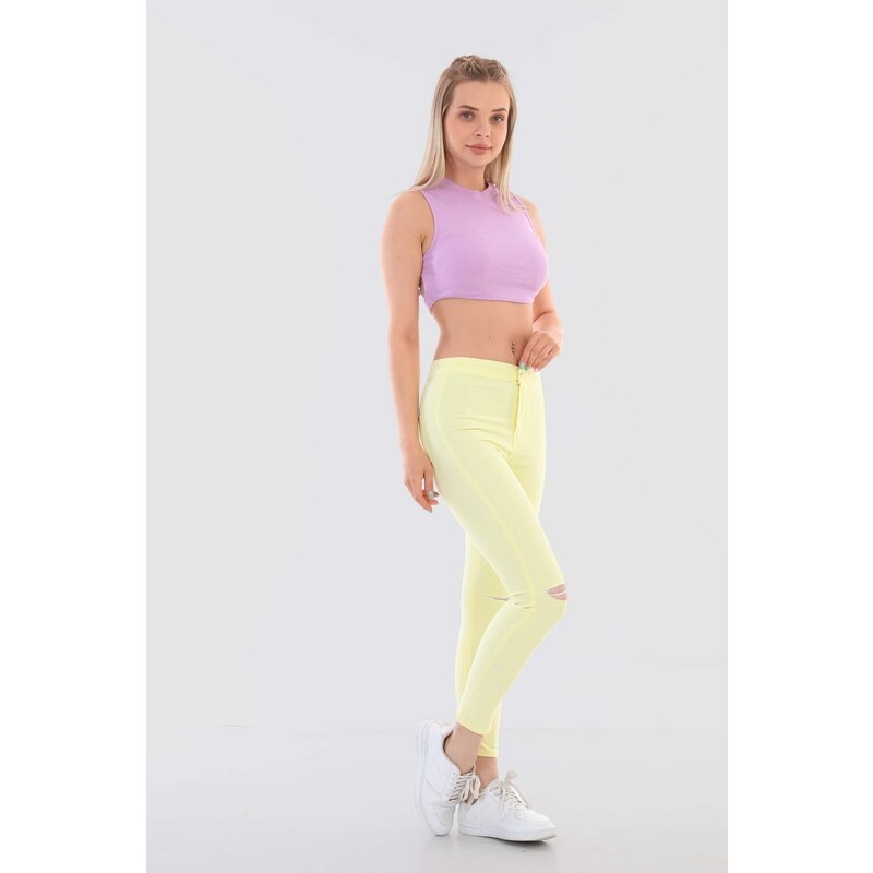 BİKELİFE Women's Yellow High Waist Lycra Ripped Detailed Leggings Trousers.