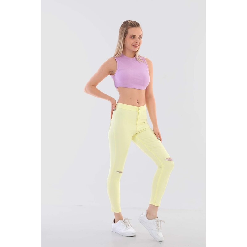 BİKELİFE Women's Yellow High Waist Lycra Ripped Detailed Leggings Trousers.