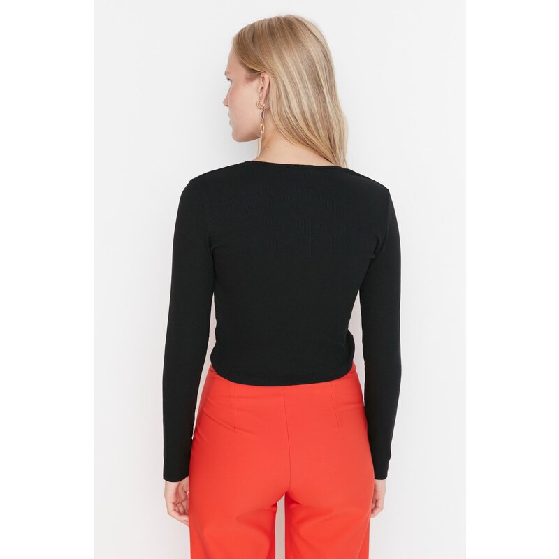 Trendyol Black Shirred Detail Fitted/Sleeping Crop Asymmetrical Collar Ribbed Stretch Knit Blouse