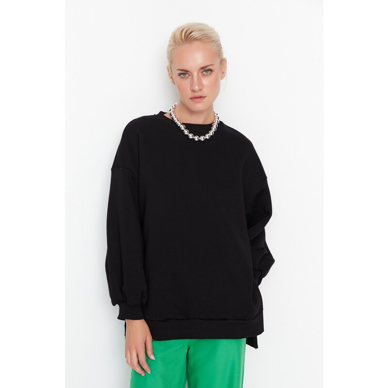 Trendyol Black Oversize/Wide fit with slits. Thick Fleece Inside Knitted Sweatshirt