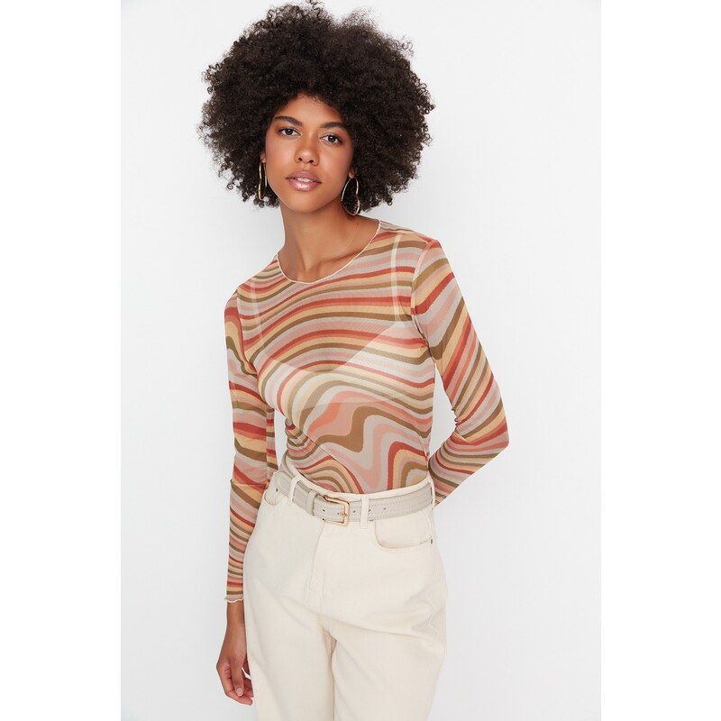 Trendyol Multi-colored Printed Crew Neck Long Sleeve Fitted/Situated Elastic Tulle Knitted Blouse