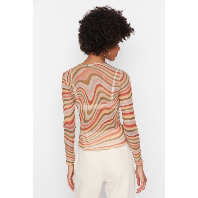 Trendyol Multi-colored Printed Crew Neck Long Sleeve Fitted/Situated Elastic Tulle Knitted Blouse