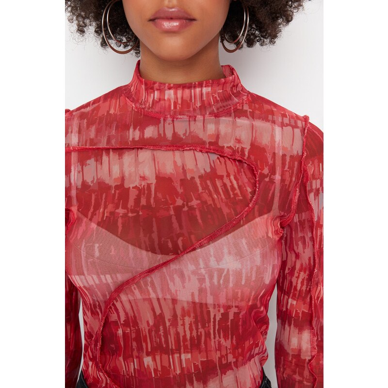 Trendyol Red Patterned Stand-Up Collar Tulle Knitted Blouse