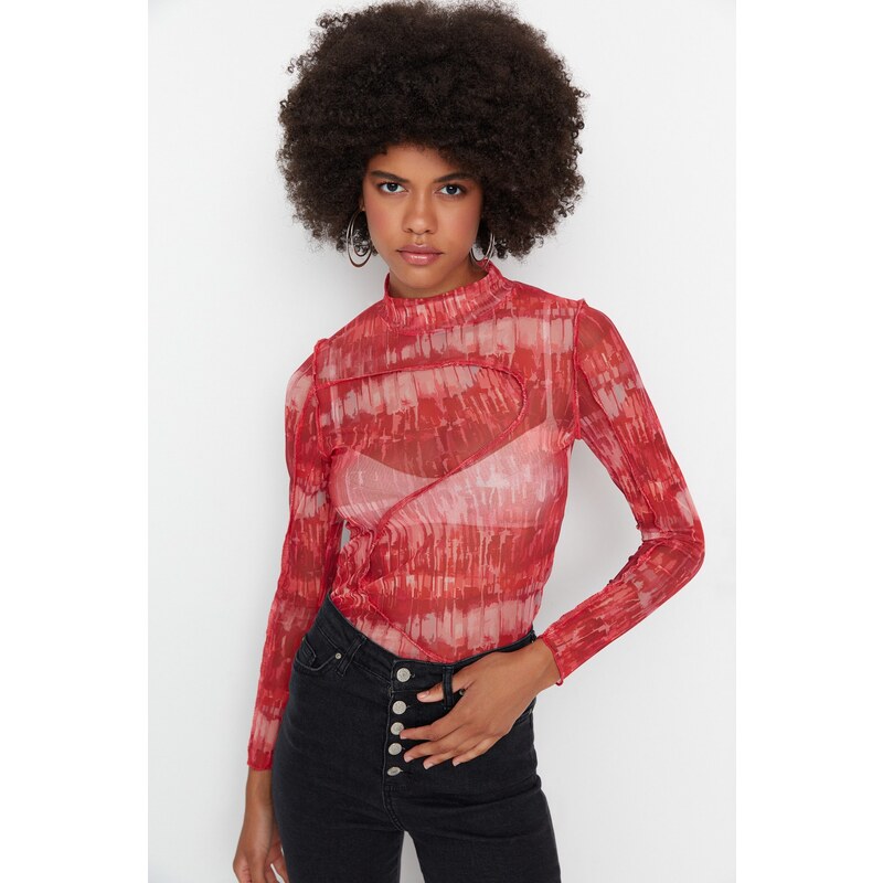 Trendyol Red Patterned Stand-Up Collar Tulle Knitted Blouse