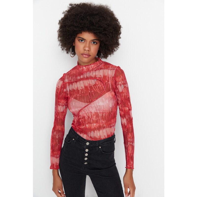 Trendyol Red Patterned Stand-Up Collar Tulle Knitted Blouse