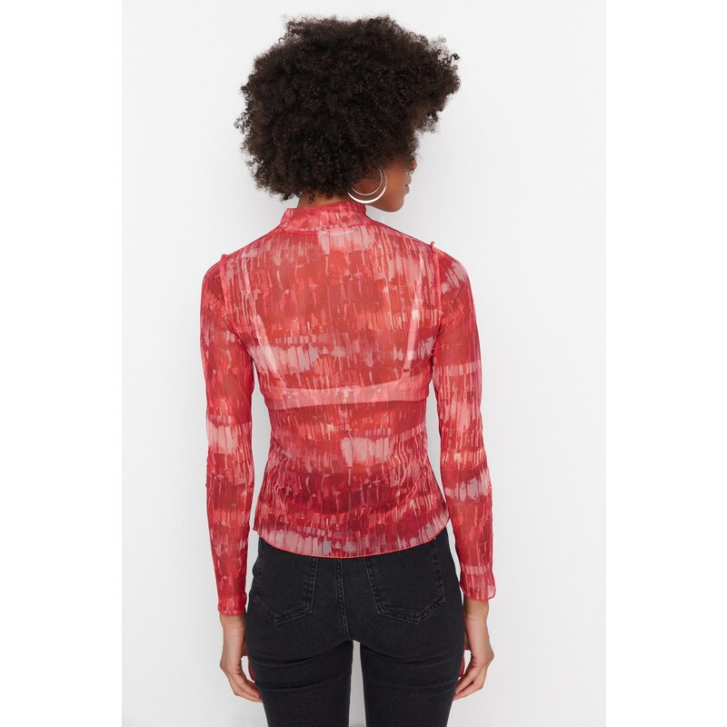 Trendyol Red Patterned Stand-Up Collar Tulle Knitted Blouse