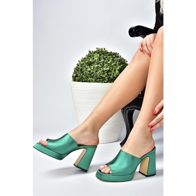 Fox Shoes Green Satin Women's Thick Heeled Slippers