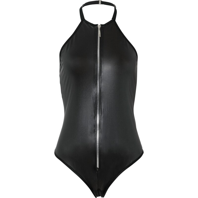 bonprix Tanga body ouvert z materiálu s mokrým efektem černá Žena 72177953