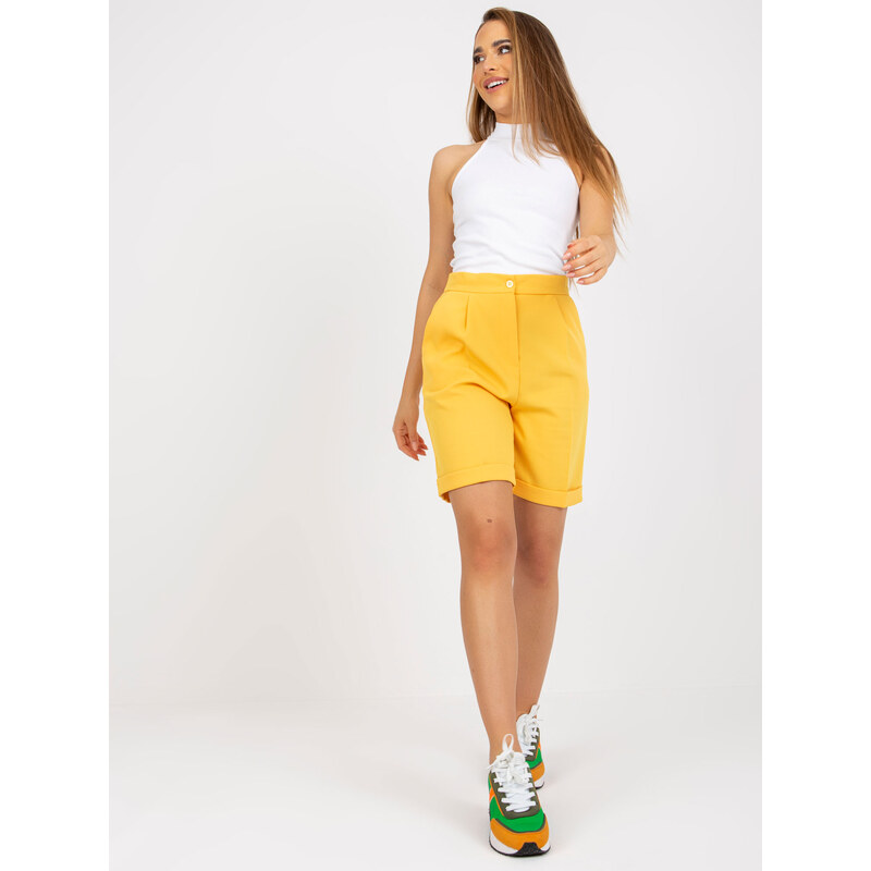 Fashionhunters Elegantní tmavě žluté dlouhé šortky s vysokým pasem