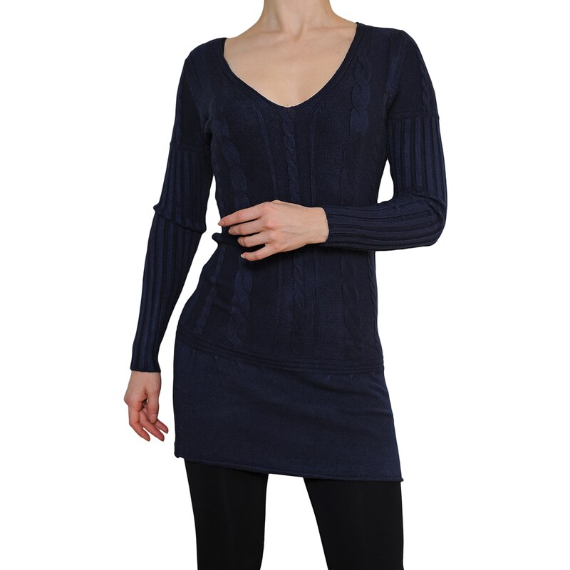 VesTem Pletené modrý šaty s hezkým vertikálním vzorem a výstřihem do véčká