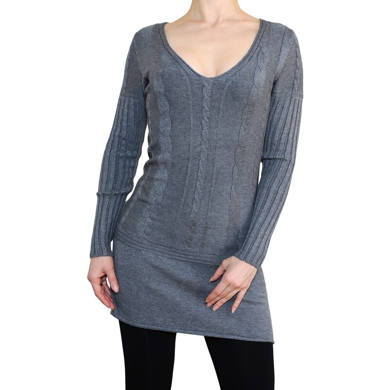 VesTem Pletené šedý šaty s hezkým vertikálním vzorem a výstřihem do véčká
