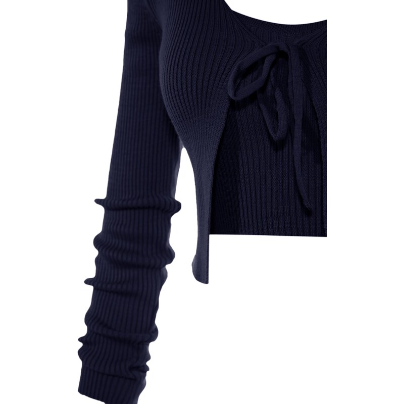 Trendyol Námořnická modrá Crop Tie Detailní halenka- Kardigan Pletené oblečení Oblek Pletené oblečení Cardigan