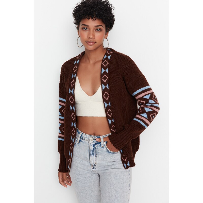 Trendyol Brown Patterned Oversized Knitwear Cardigan