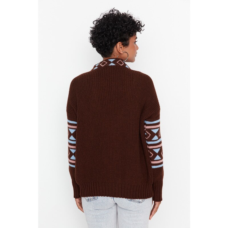 Trendyol Brown Patterned Oversized Knitwear Cardigan