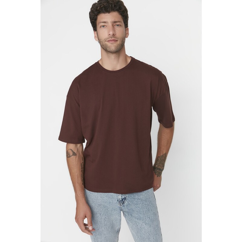 Trendyol hnědé oversize/široký střih basic tričko ze 100% bavlny