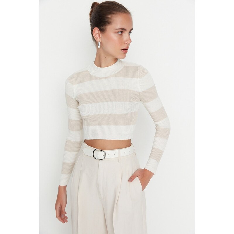 Trendyol Ecru Crop Cotton Striped Knitwear Sweater