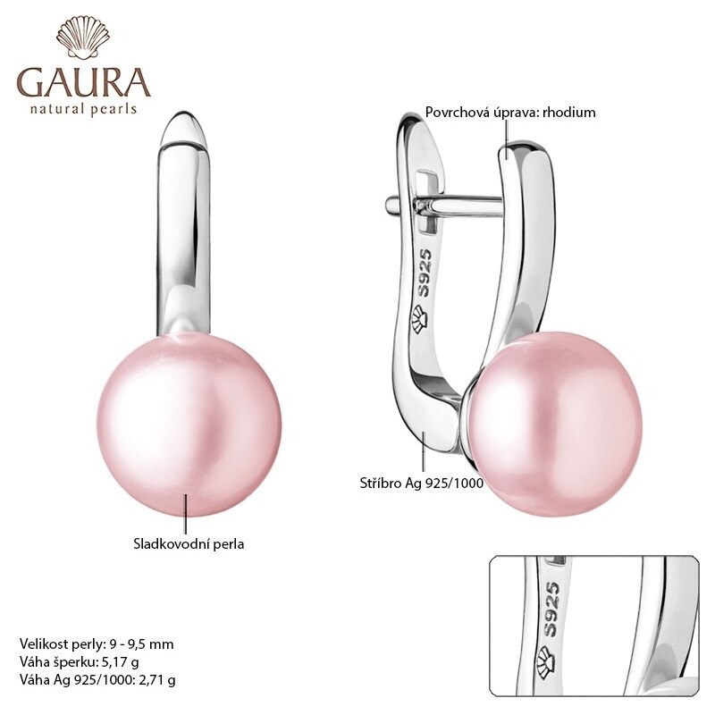 Gaura Pearls Stříbrné náušnice s levandulovou řiční perlou Georgia, stříbro 925/1000