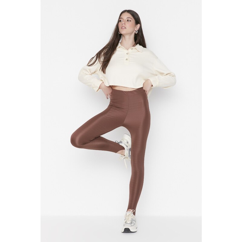 Trendyol Brown Heel Snap-On Shiny Knitted Leggings